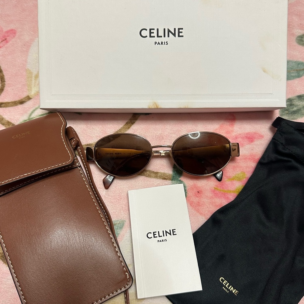 Celine Triomphe Metal Oval Sunglasses with Brown Case and Pouch